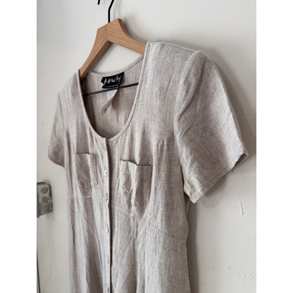 Vintage Midi Dress Size 5/6 Tan Linen Blend Button Front Tie Back Cottagecore - Picture 7 of 13
